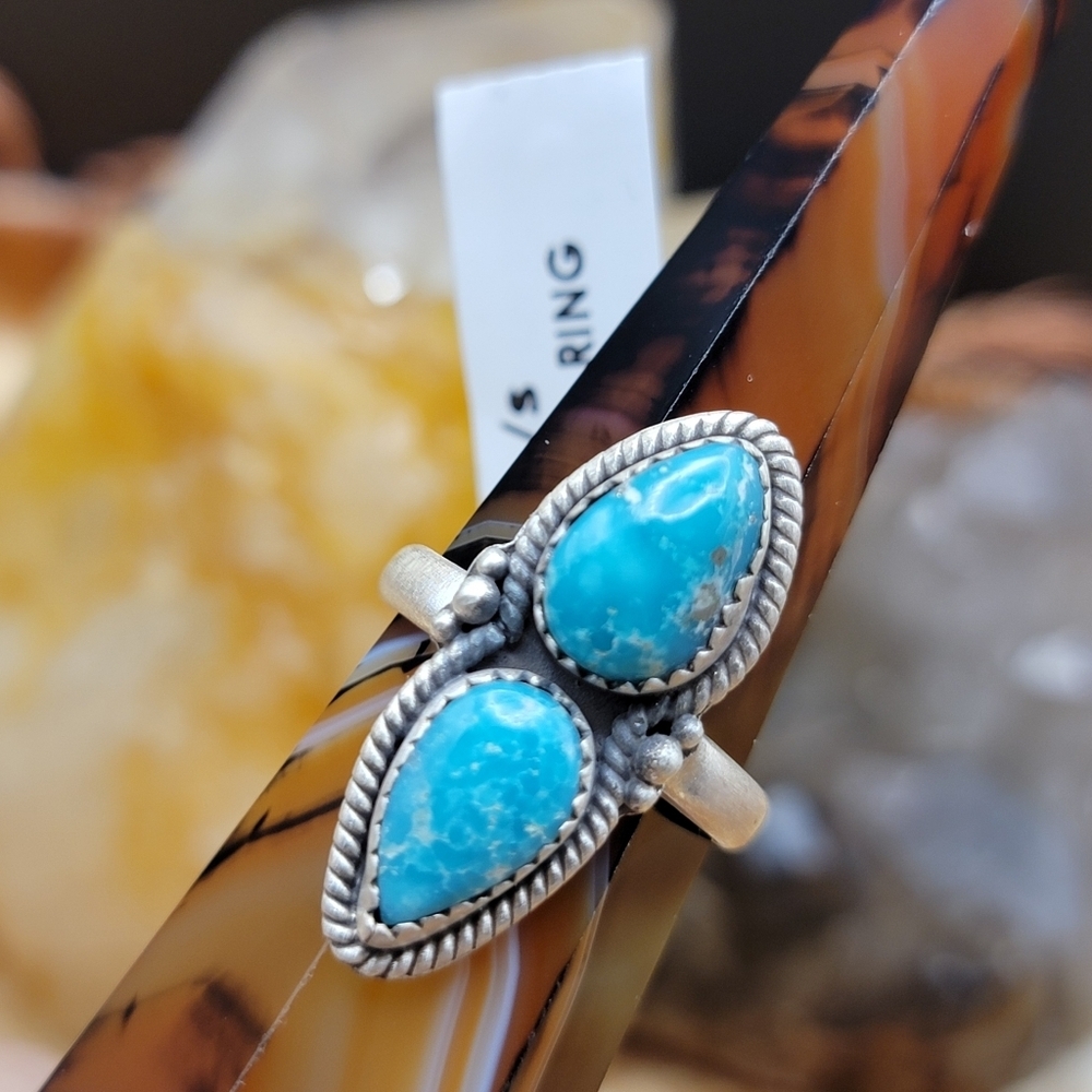 Artisan Sterling Silver White Water Turquoise Double Stone Adjustable Ring NEW